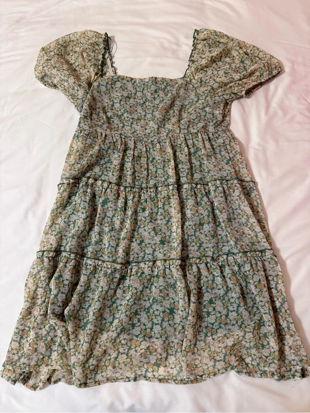 Women's Floral Tiered Green Dress with Puff Sleeves